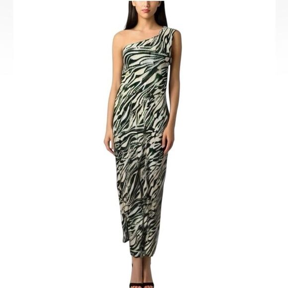 ASOS NEW Plissé Green Zebra One Shoulder Stretchy Accordion Maxi Dress Size 12 - Picture 2 of 7